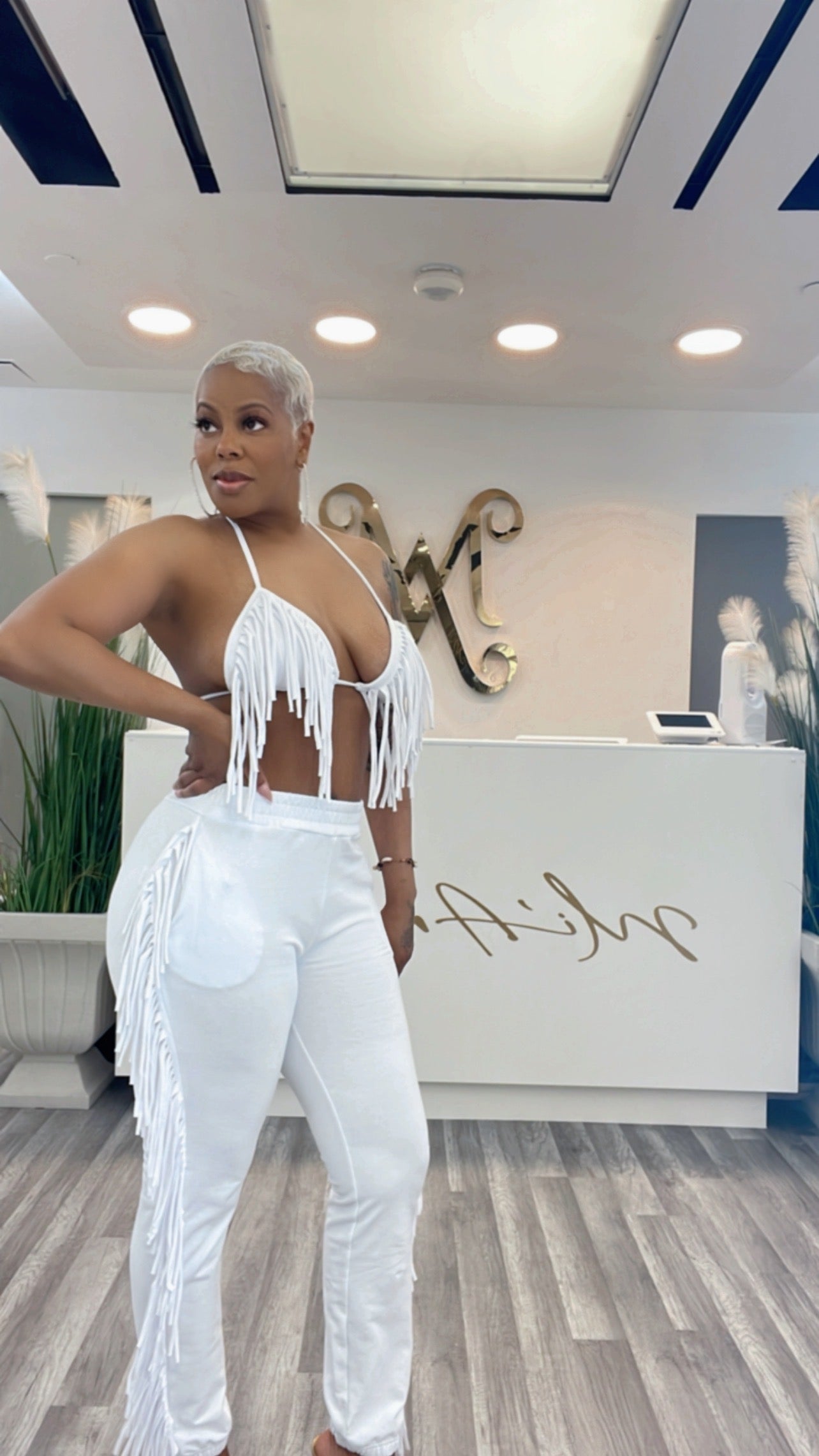 White fringe jogger set